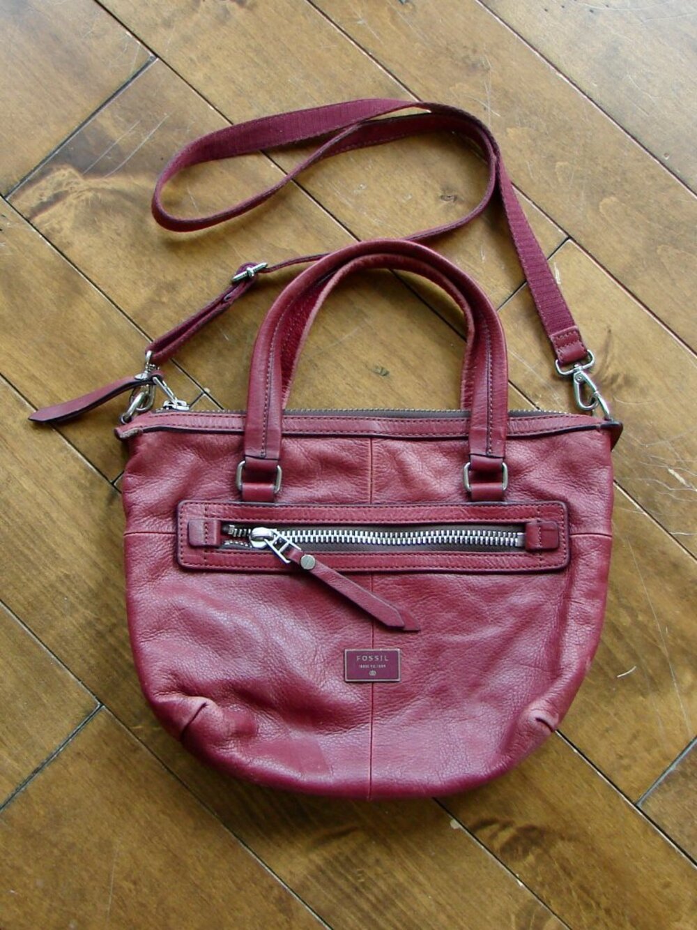 Fossil Dawson Burgundy Leather Satchel Bag Purse Crossbody Cow Hide Long Strap - Picture 6 of 16